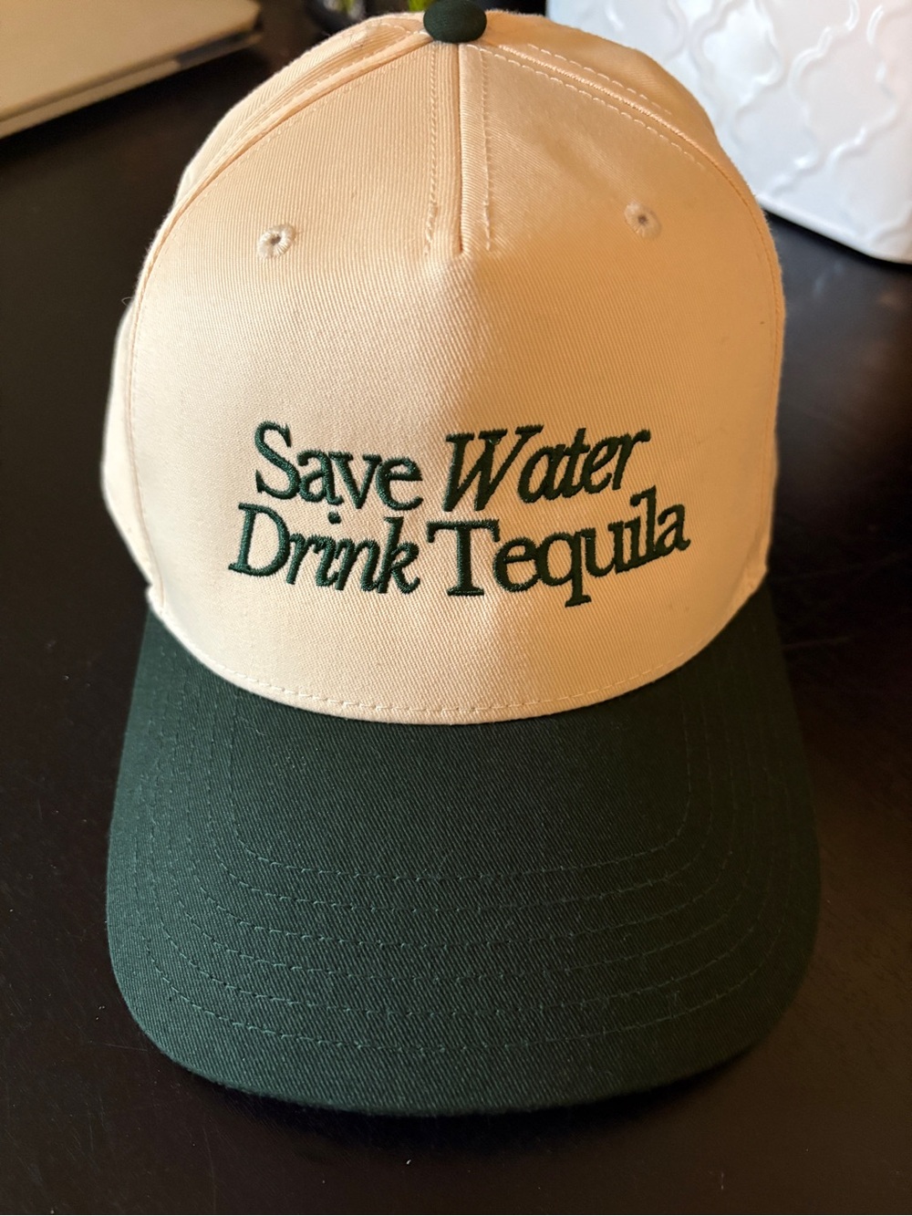 Two-Tone Embroidered Baseball Cap - Cream & Dark Green
